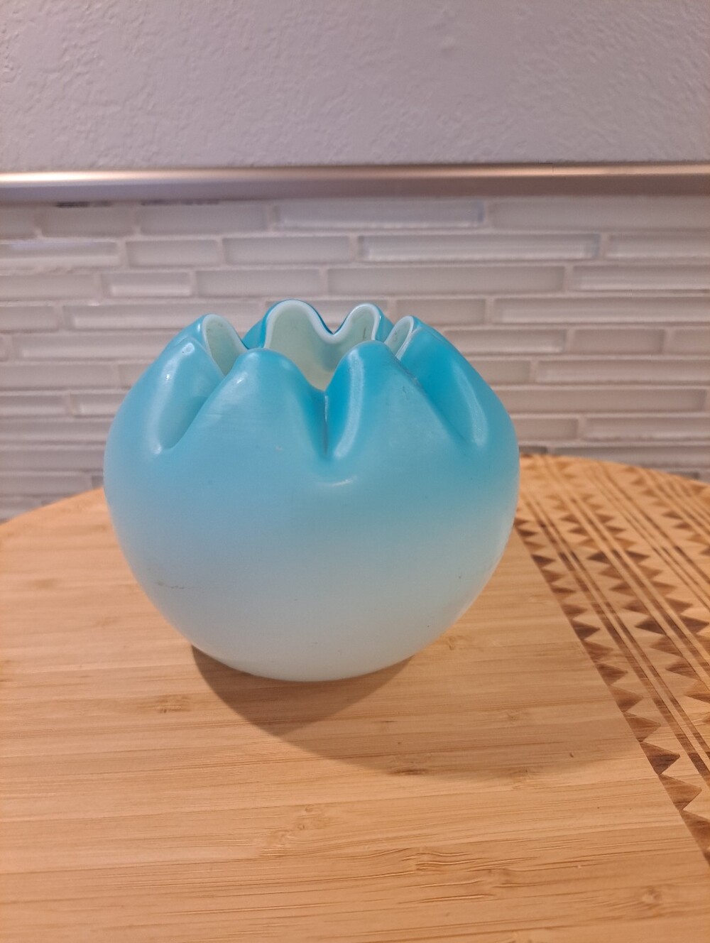 Vtg MCM Fenton Fading Blue Satin Glass Rose Bowl Vase Decor Crimped Edge 4"